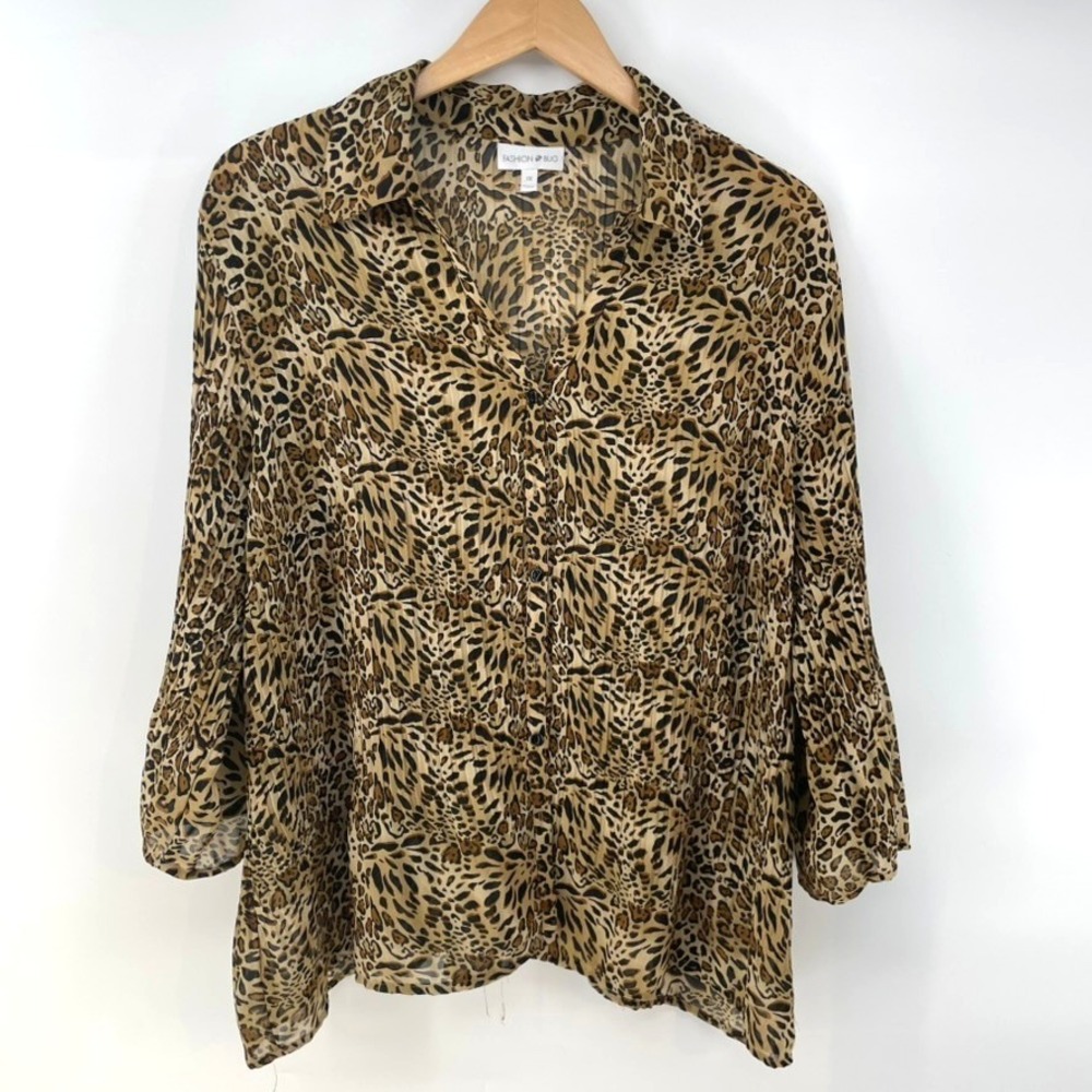 Vtg Fashion Bug Shirt 1X Leopard Chiffon 3/4 Sleeve Bell Button Sheer Mob Wife